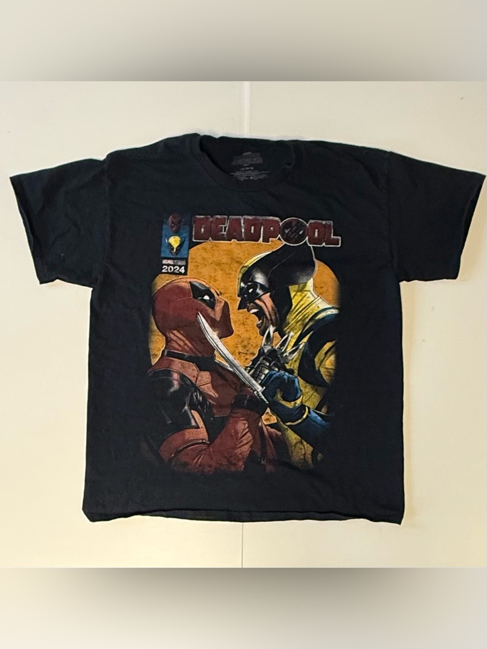 Deadpool vs Wolverine Men’s Large Black T-Shirt with Red & Yellow Graphic Print